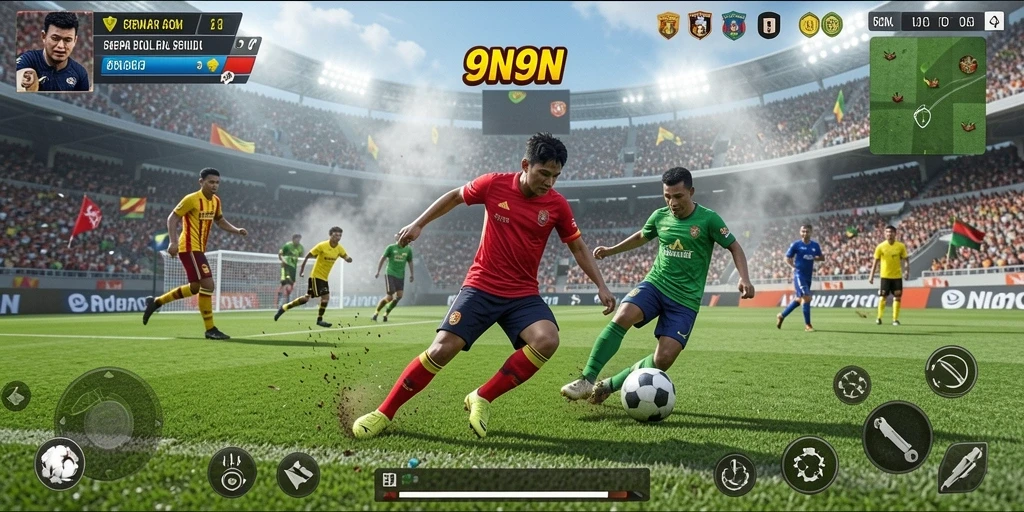 Tangkapan layar dari gameplay seru 9N9N di lapangan sepak bola.