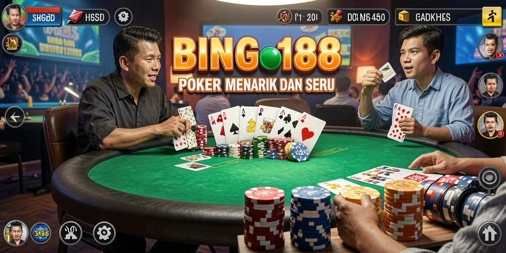Screenshot utama BINGO188 menampilkan aksi seru permainan Poker.