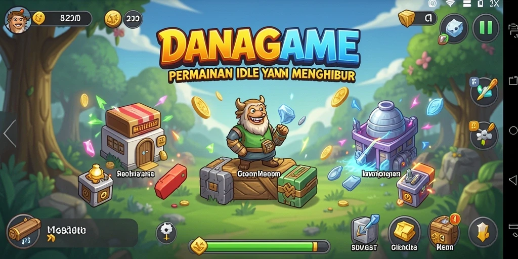 Screenshot gameplay <strong>DANAGAME</strong> dengan karakter dan sumber daya yang berkembang.