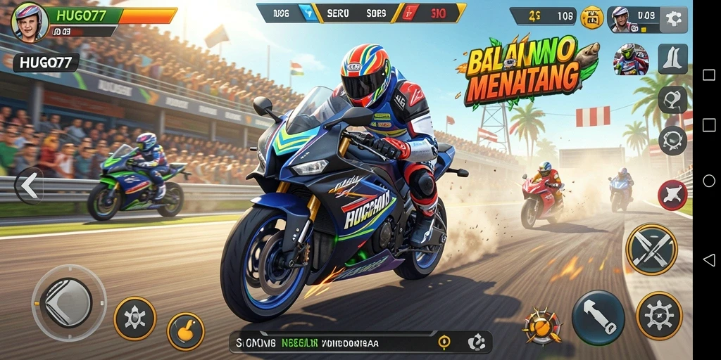 Tampilan gameplay HUGO77 dengan trek balap yang menantang.