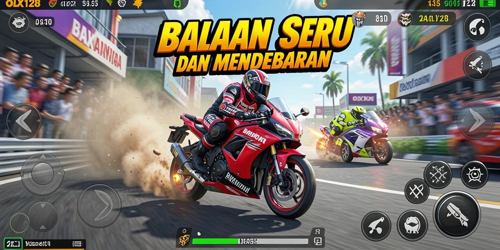 Screenshot menampilkan balapan motor yang mendebarkan dengan trek yang menantang.
