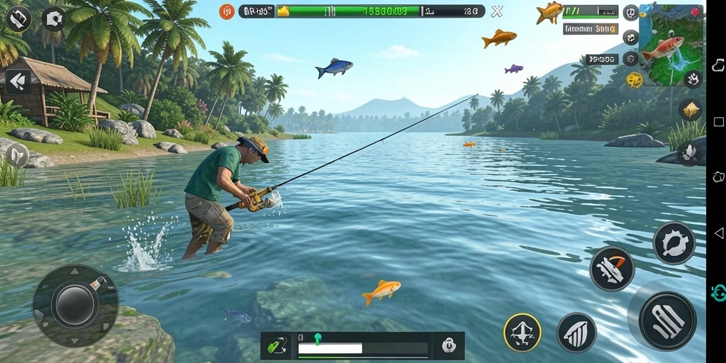 Tampilan screenshot gameplay RP55 menampilkan seorang pemain sedang memancing di danau yang tenang.