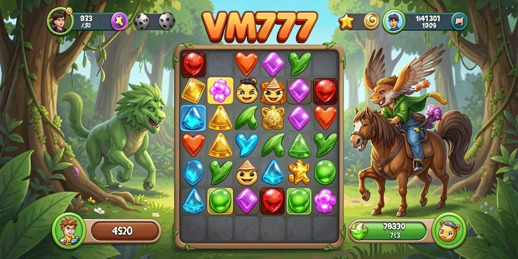 Tampilan gameplay seru dari VM777 yang penuh warna dan tantangan Match-3.