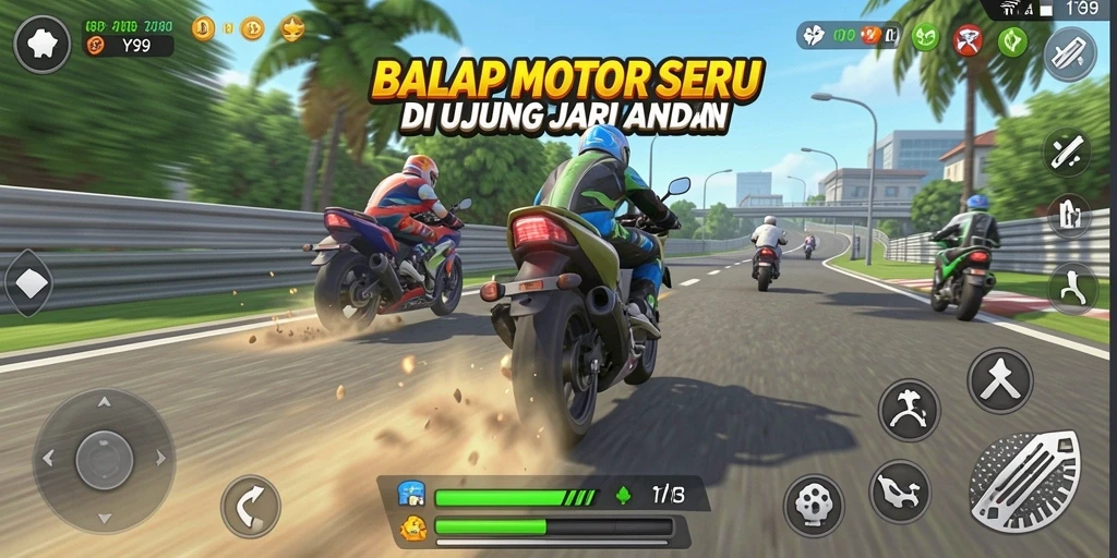 Tampilan gameplay balap motor yang mendebarkan di Y89.