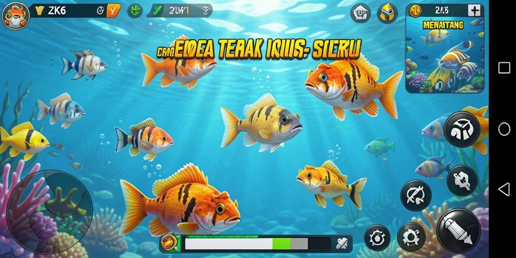 Tampilan gameplay ZK6 yang menarik dengan ikan berwarna-warni.